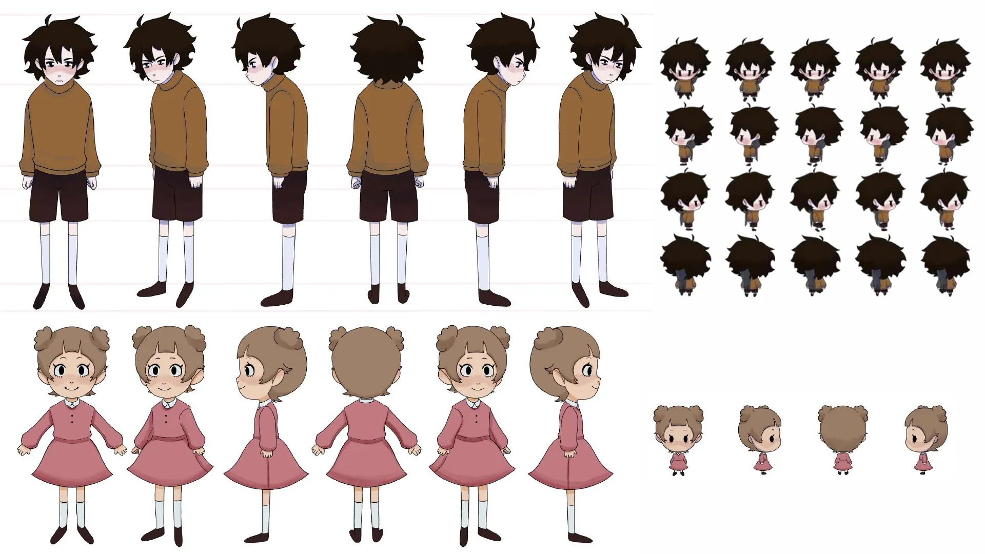 Grace & Kuki — turnarounds and chibi sprite sheets